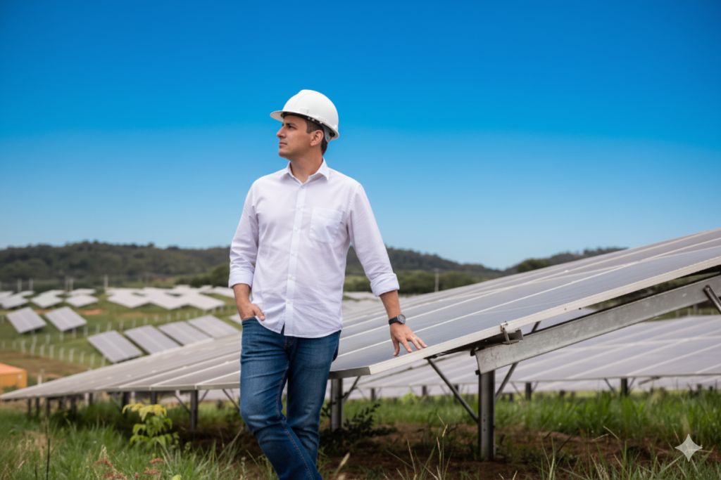 Homem observando painéis solares em usina fotovoltaica, representando o crescimento da energia solar no Brasil.