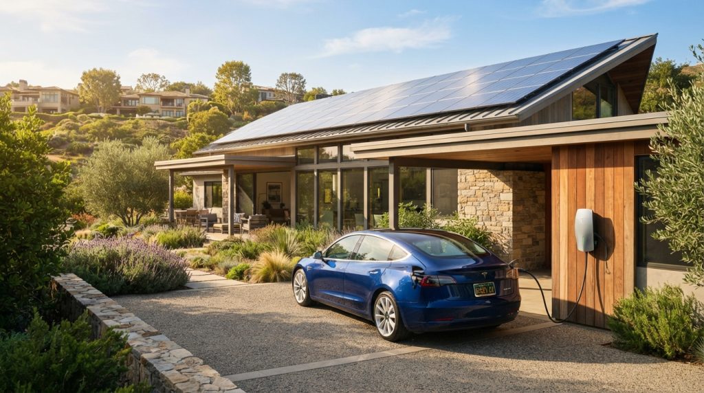 carro-eletrico-sendo-carregado-em-casa-com-energia-solar, motorista-calculando-custo-de-recarga-de-veiculo-eletrico